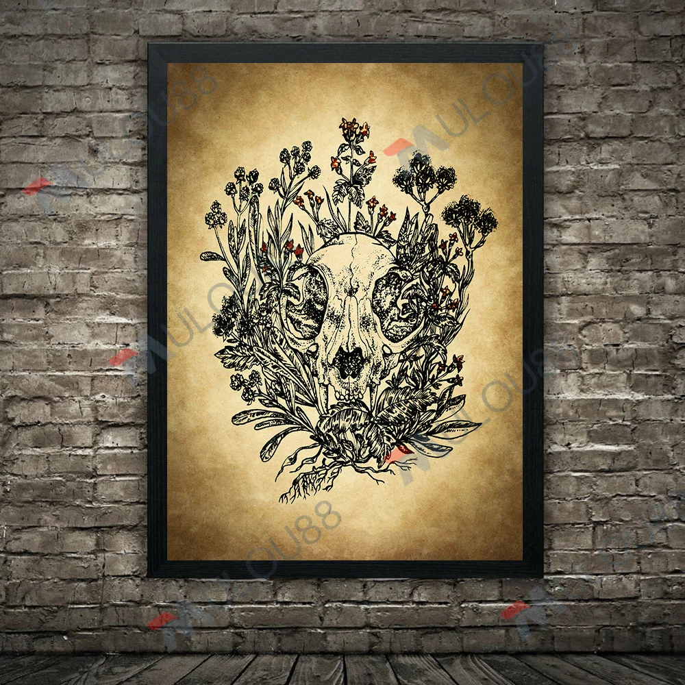 Everlasting Flower And Muscari  Black And White Illustration Wall Art Canvas Painting,Skull And Plant Academia Art Poster Print