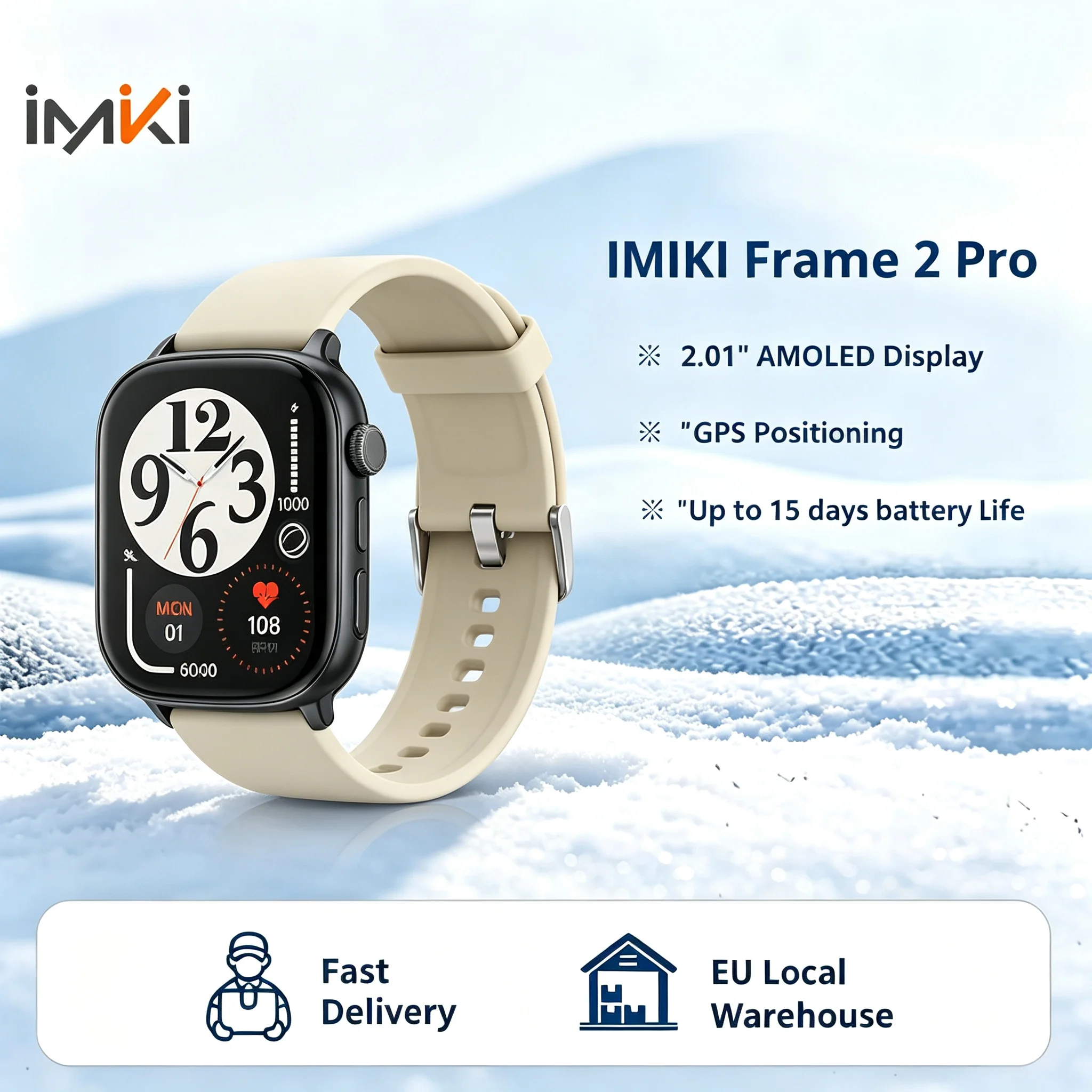 IMIKI Frame 2 Pro Sport-Smartwatch – Globale Version – 2,01-Zoll-AMOLED-Display – Integriertes GPS – Gesundheitsüberwachung – Wasserdicht bis 5 ATM – 15 Tage Akkulaufzeit