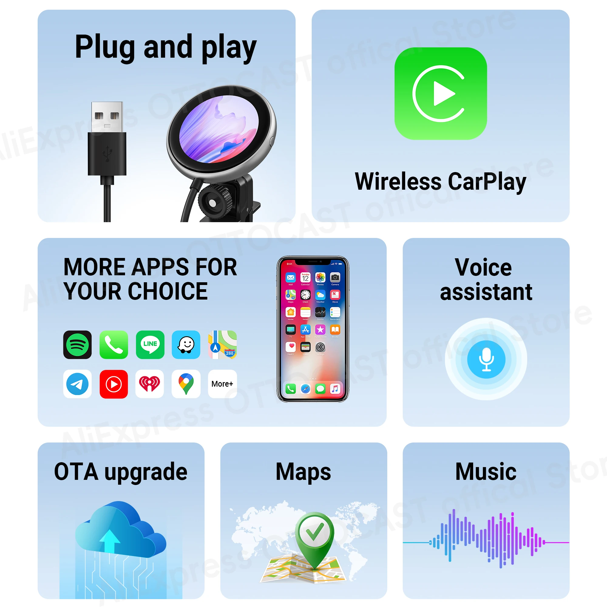 Ottocast 2024 CarPlay Clip Wireless CarPlay Adapter built in Air Freshener Multi-function Car Accessories for Audi Benz VW Ford