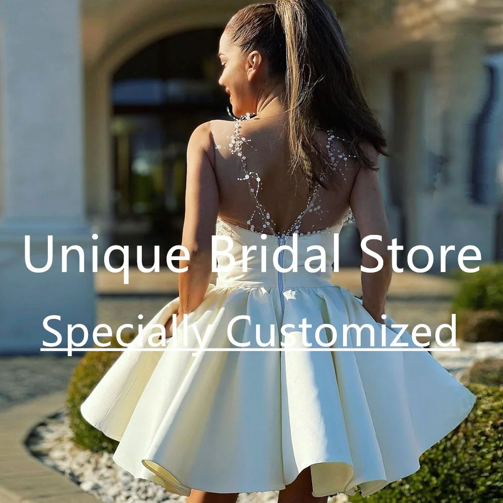 Customized Wedding Dress 2023 Custom Size Scalloped Satin Crew-Neck A-Line Zipper Back Soft Tulle Sleeveless Mini Bridal Dresses