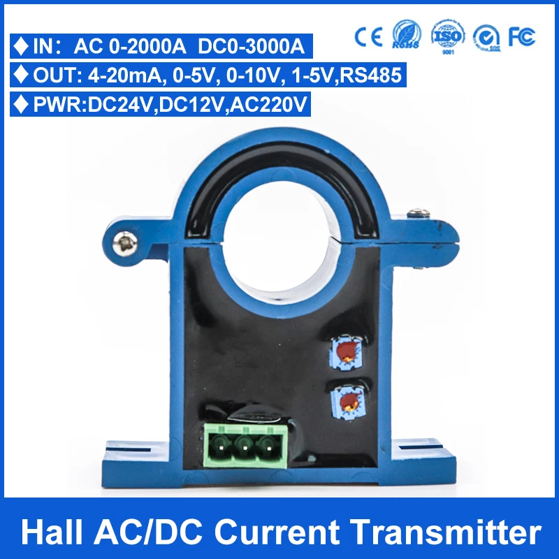 Split hall effect AC/DC current transmitter open loop current transducer sensor 4-20mA output 0-100A, 0-200A, 0-500A, 0-1000A