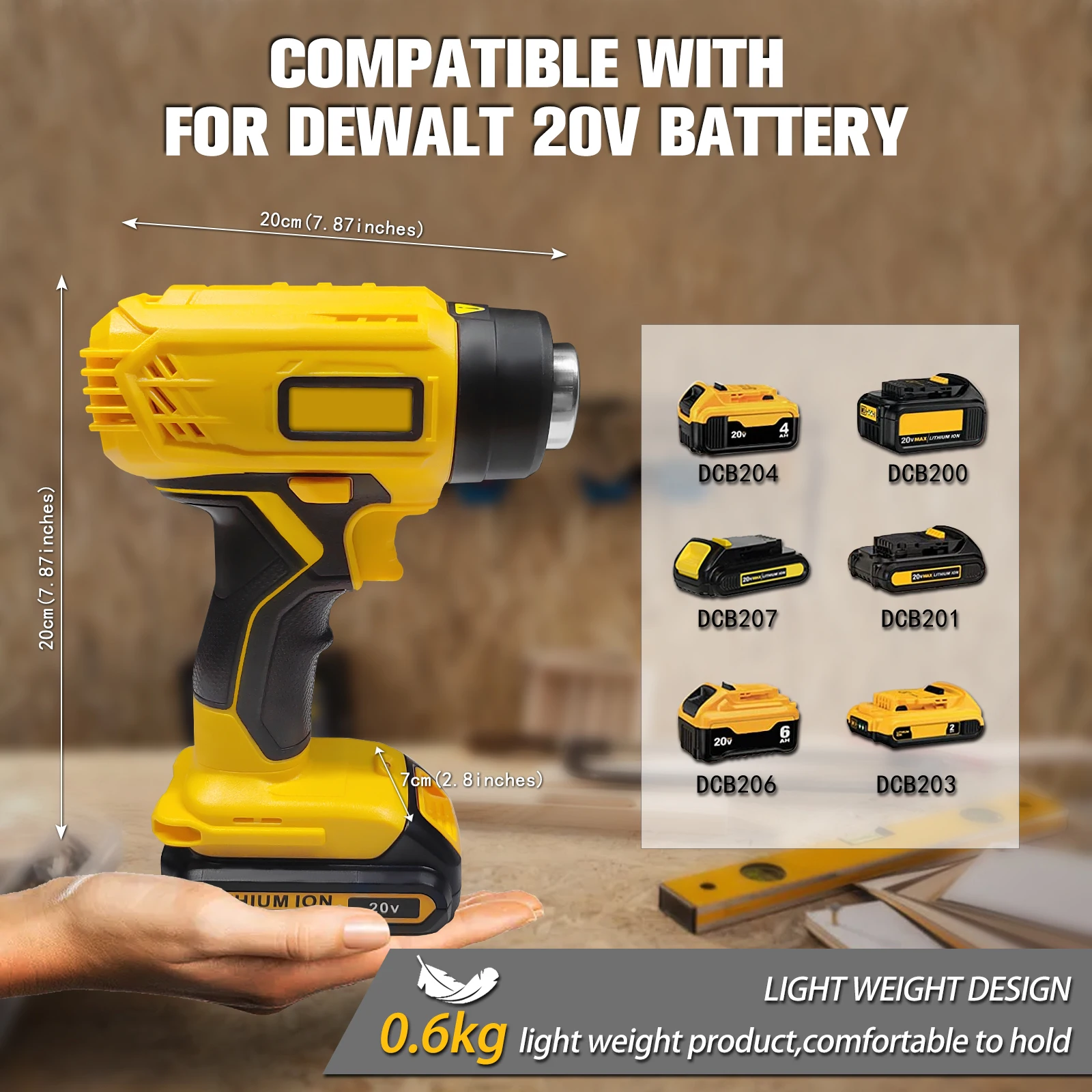 400W Cordless Hot Air Gun with 20V 4000mAh Li-ion Battery Handheld Electric Heat Gun Industrial Home Hair Dryer for Dewalt
