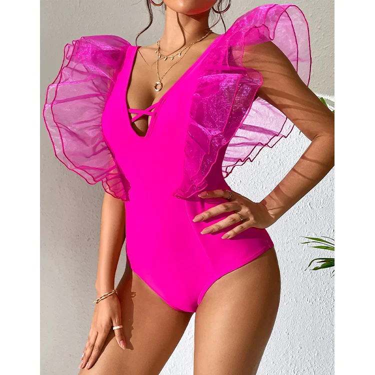 2025 Women's Swimsuit Sexy Mesh Ruffle Pink One Piece Swimwear Summer V Neck Beachwear Bathing Suit