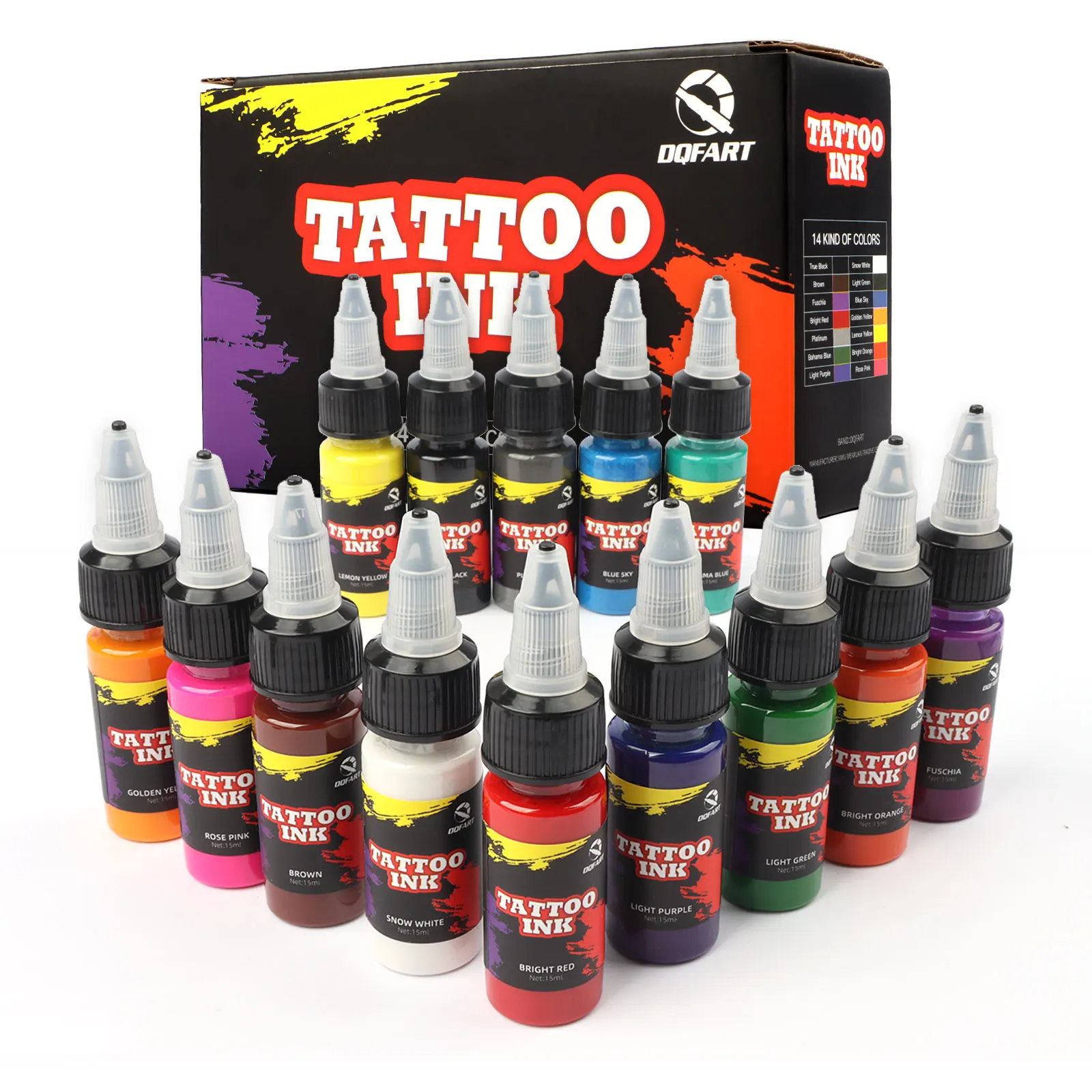 DQFART 14-Colors Tattoo Ink 15ml (0.5OZ) Tattoo Pigment Easy To Color Long-Lasting Tattoo ink Suitable for Tattoo Art