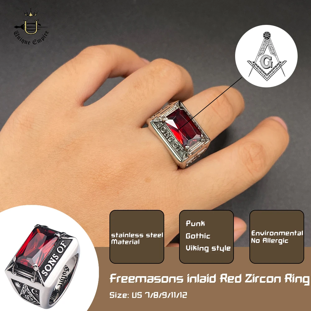 

Freemasons Stainless Steel Ring For Men Inlaid Artificial Ruby Zircon Index Band Masonic Fashion Jewelry