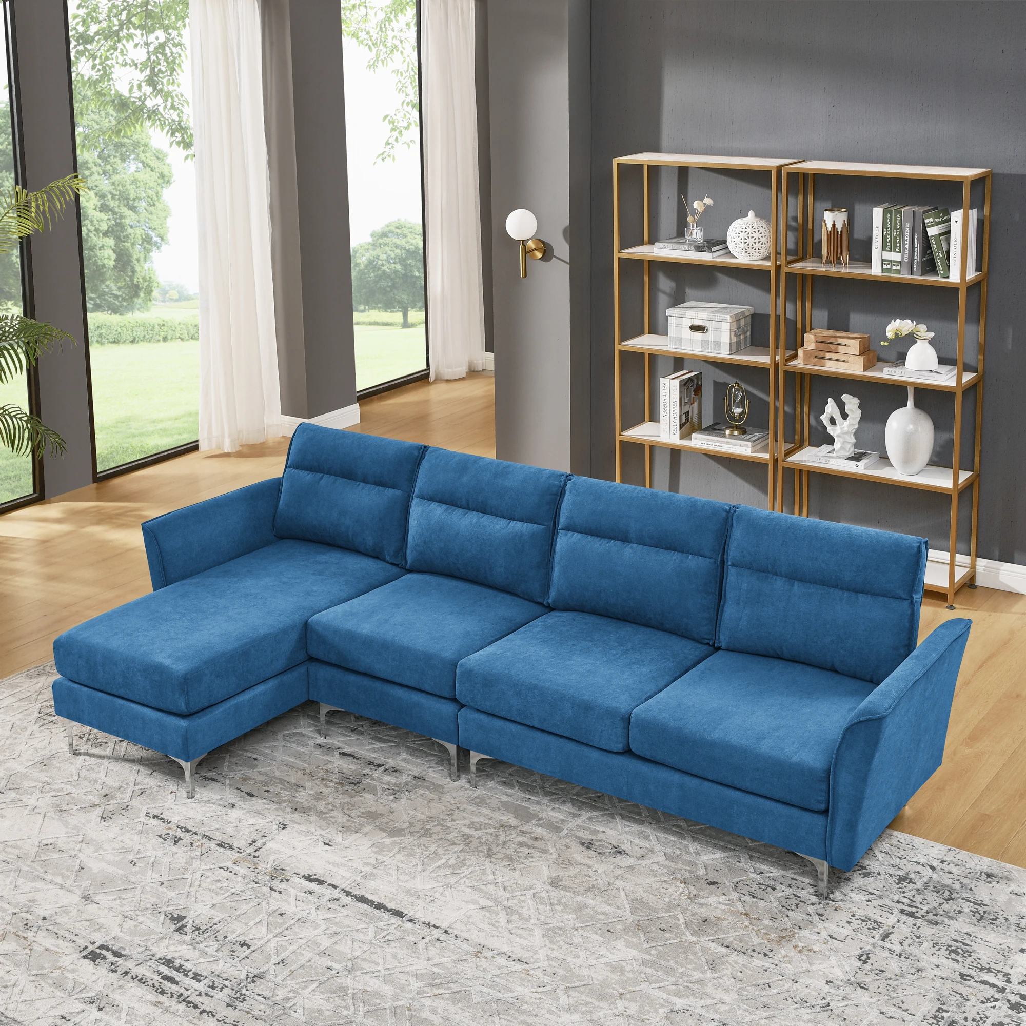 Modern sofa, 3 seater, stainless steel trim and metal legs, suitable for living room, new packaging compression technology, navy