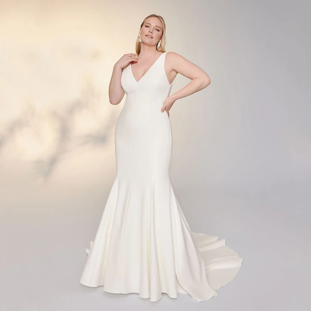 

Civil Mermaid Wedding Dresses Deep V Neck Modern Bridal Gown Plus Size Court Train Sleeveless Brides Dresses Customized