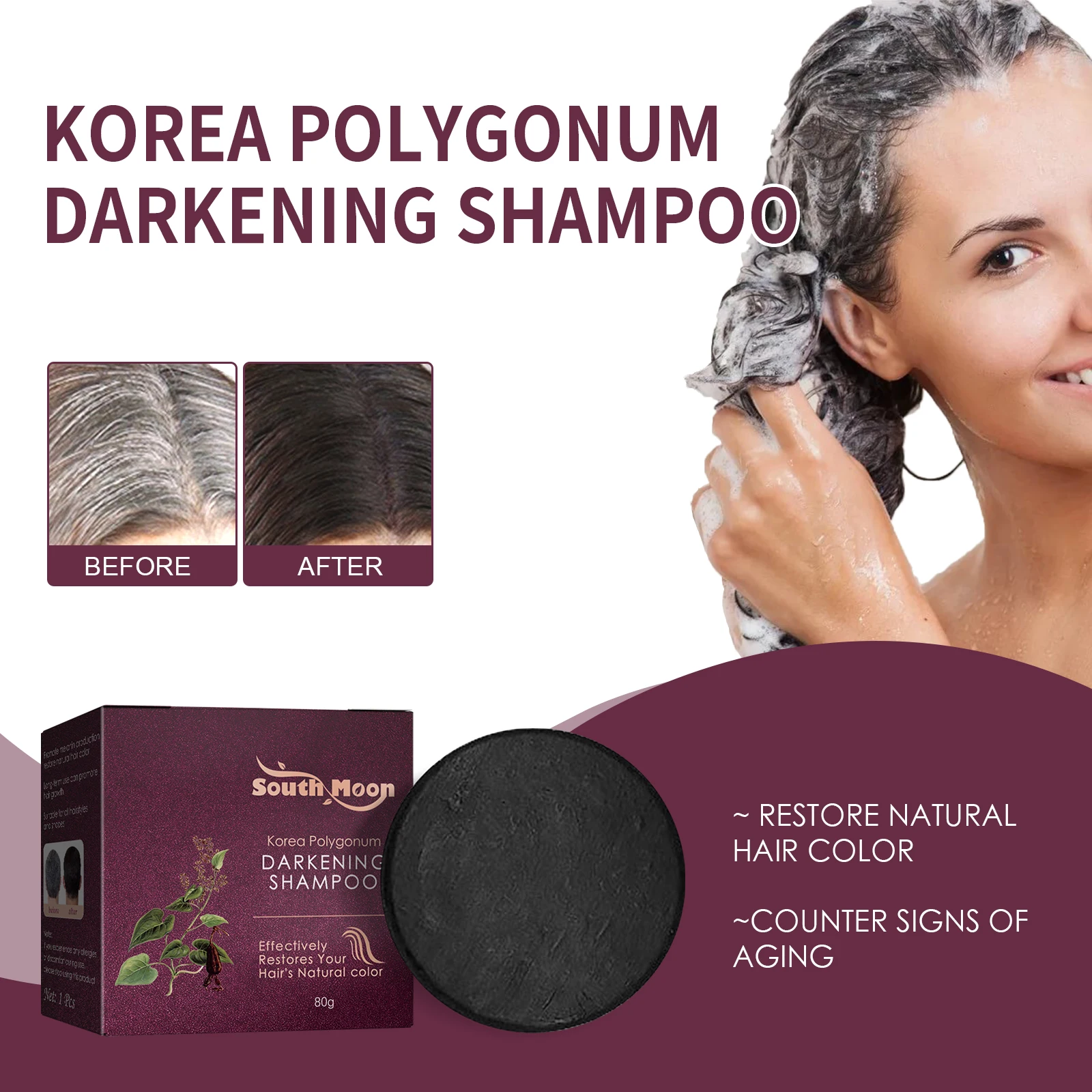 

South Moon 80g Polygonum Multiflorum Shampoo Soap Hair Darkening Restore Natural Black Nourish Hair Remove Dandruff Shampoo Soap