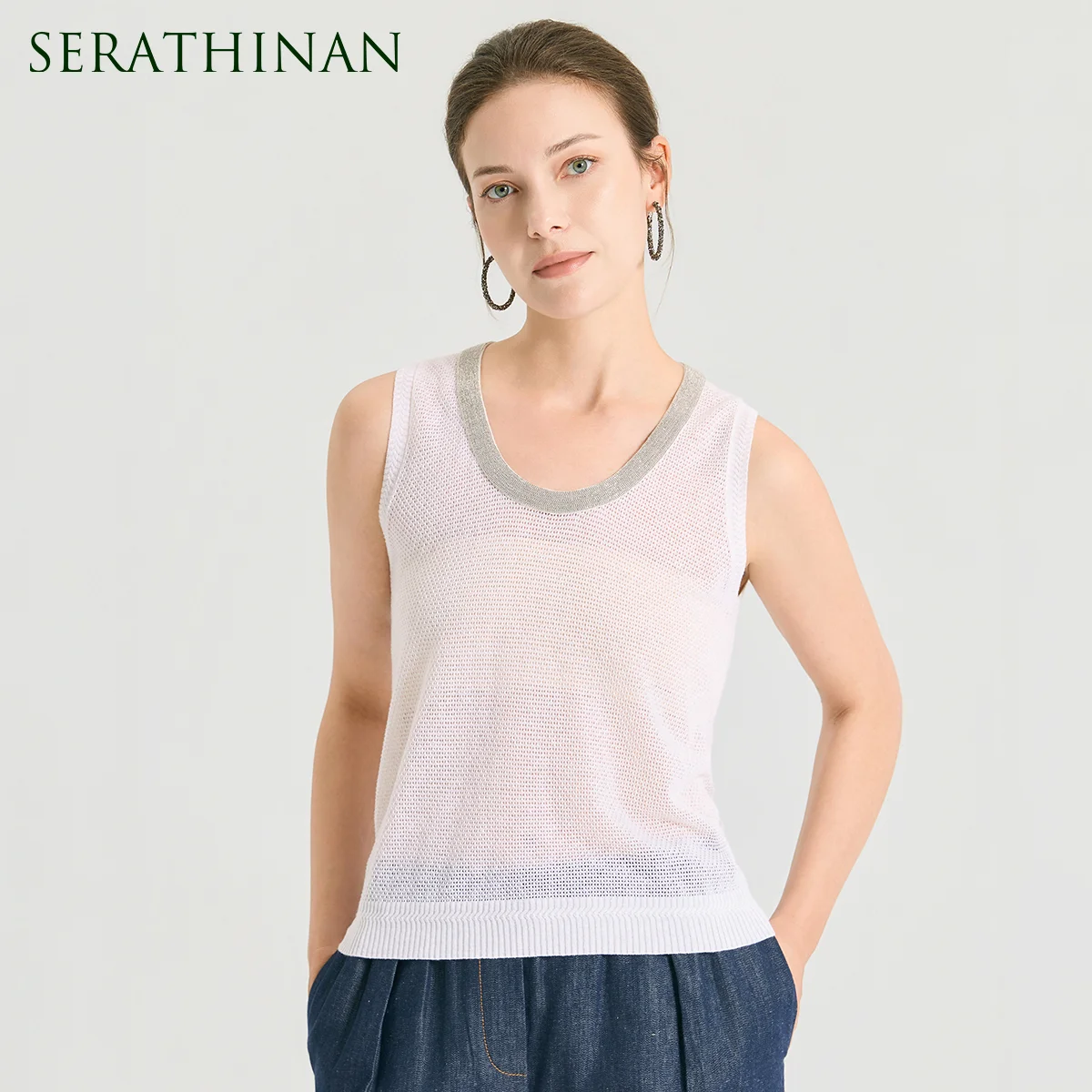 BY3611513 High Quality Linen Silk Blend Knitted Vest Women's Luxury Chain Trim U-Neck Slim Fit Summer Tank Top