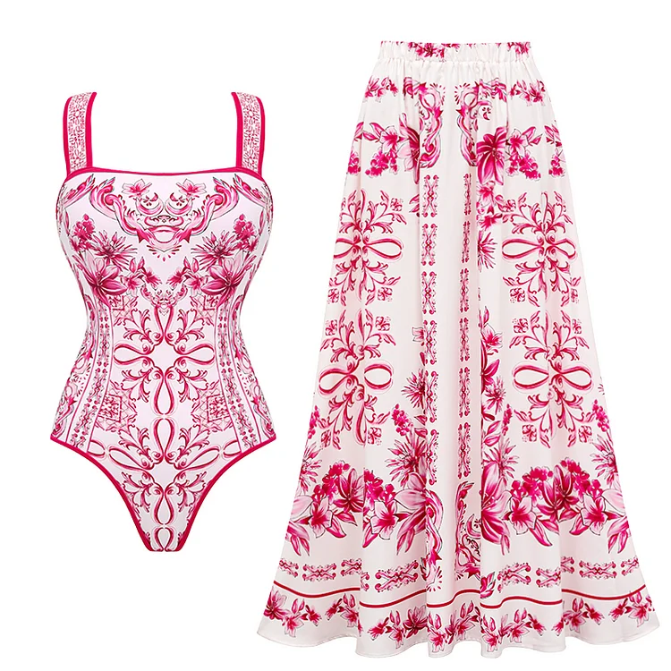 Women Ruffle Cut Out Lily and Majolica Series Pattern Print One Piece Swimsuit and Skirt Beachwear bikini Two piece Bathing Suit