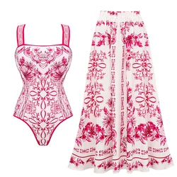 Women Sling Lily and Majolica Series Pattern Print One Piece Swimsuit and Skirt or Pants Beachwear bikini Two piece Bathing Suit