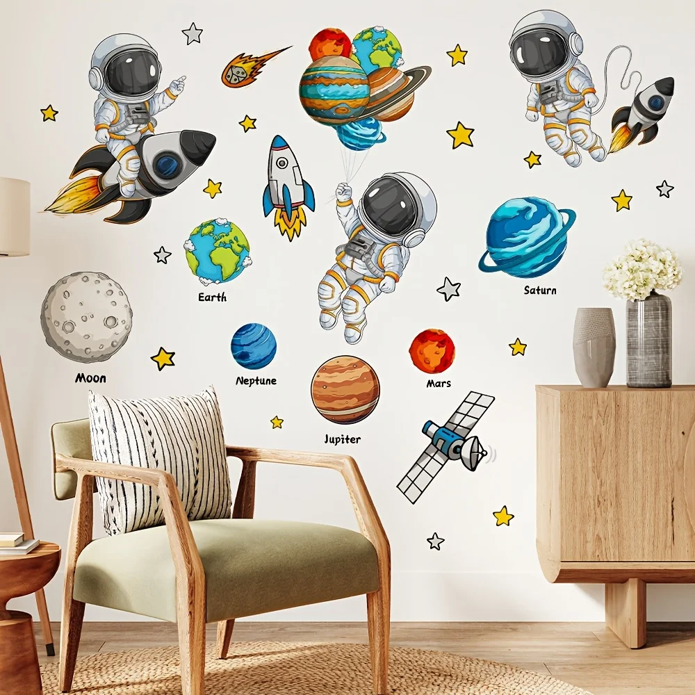 1Pc Space Adventure Theme, Astronaut and Rocket Wall Stickers, Self-Adhesive Pvc Home Decor DIY Stickers, Suitable for Study Rooms, Cabinets, Living Rooms, Bedrooms, Dining Rooms, Bathrooms, Entryways, Doors and Windows, and Wall Decals, Easily Create a Warm and Fun Space, a Creative and Thoughtful Gift for Family, Friends, and Loved Ones