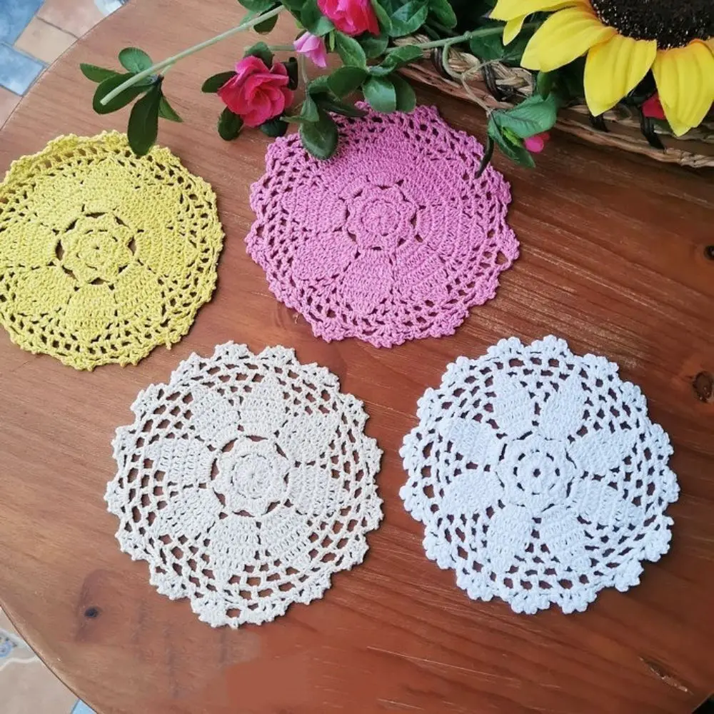 1pc Crafts Drinks Cups Coaster Small Size Table Placemat White Beige Deep Pink Color Soft Washable Doily For Dining Coffee Table