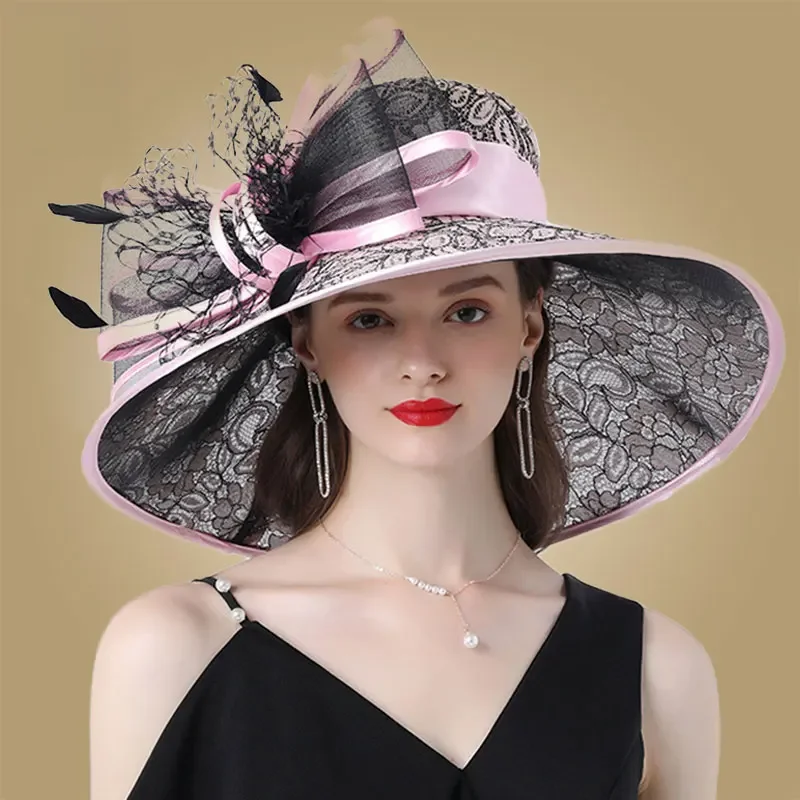 FS różowe kapelusze z szerokim rondem Kentucky Derby kapelusz dla kobiet elegancki kościół Purpe kapelusze wielkie pióro Fedora panie herbata ślubna Party Fedora — zdjęcie 2