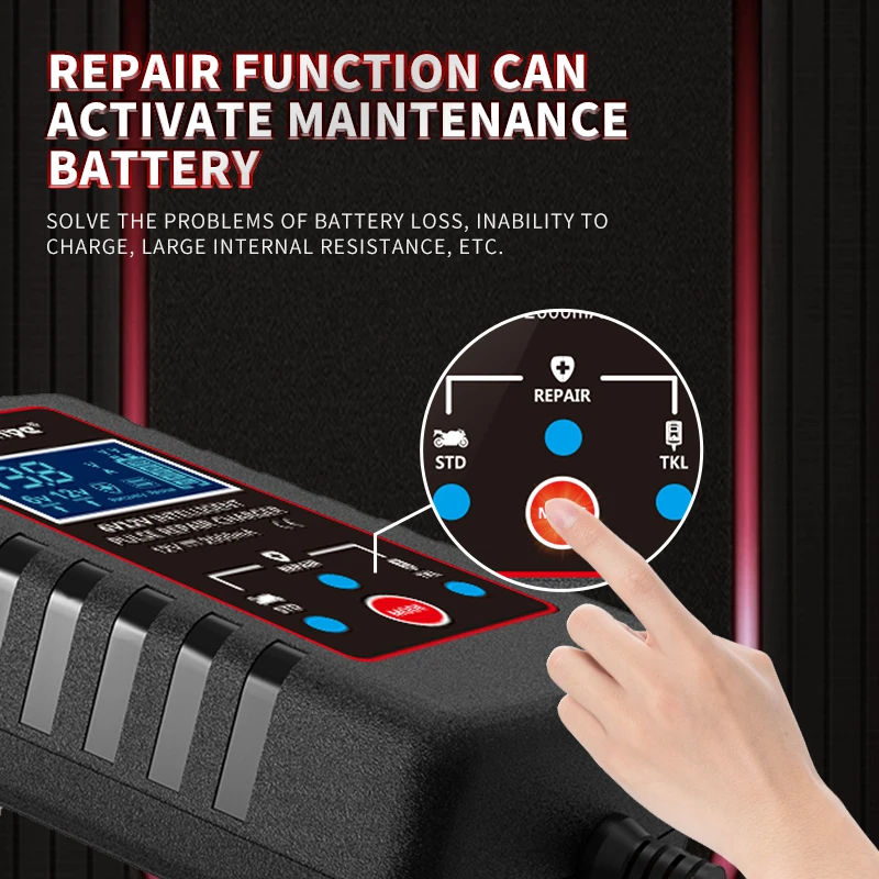 Chargeur de batterie de voiture intelligent 6V/12V, pour moto, avec écran LCD numérique, réparation automatique, plomb acide, humide et sec