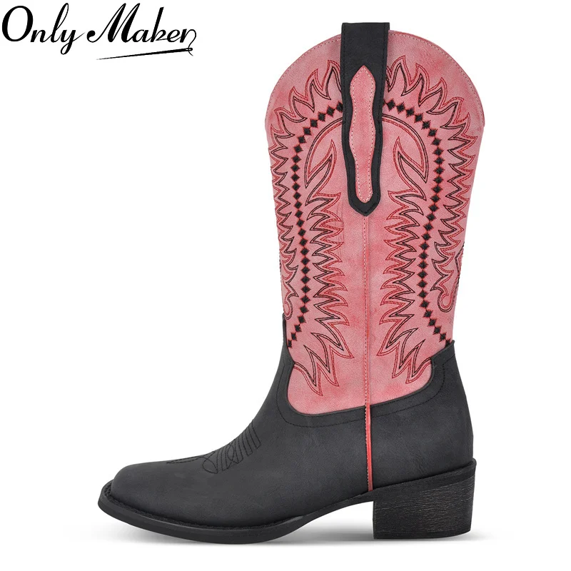 

Onlymaker Women Square Toe Western Cowboy Boots Embroidered Mid--Calf Block Heel Fashionr Cowgirl Boots