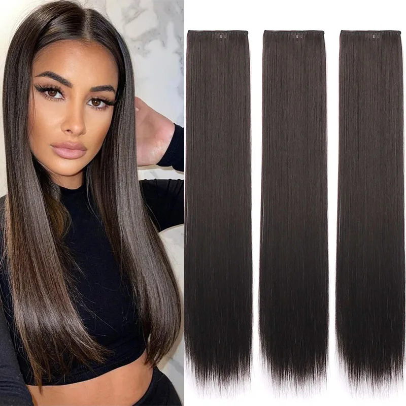 Synthetic Fiber Clip-in Hair Extensions 3PCS/set 24inch Long Bone Straight Wigs Hairpieces Increase Hair Volume Girls Daily Wear