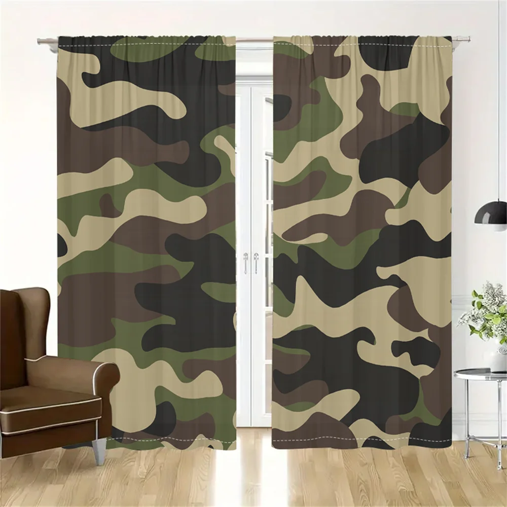 2Pcs Camouflage Pattern Curtains Army Green Jungle Style Living Room Bedroom Sunshade Outdoor Adventure Theme Decor Curtains