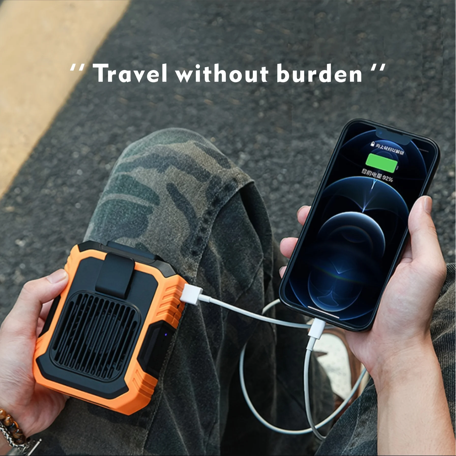 مروحة معلقة على الخصر، مروحة متعددة الوظائف ثلاثة في واحد قابلة لإعادة الشحن عبر USB، مع نفخ وإضاءة وإمدادات طاقة وتبريد سريع صامت