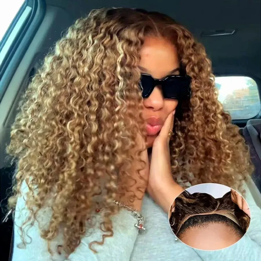 Deep Wave Honey Blonde Glueless pruiken van echt haar, voorgeknipt, met highlights, kant-en-klare krullenpruiken voor vrouwen, Ombre HD kant-voor-pruik - afbeelding 2