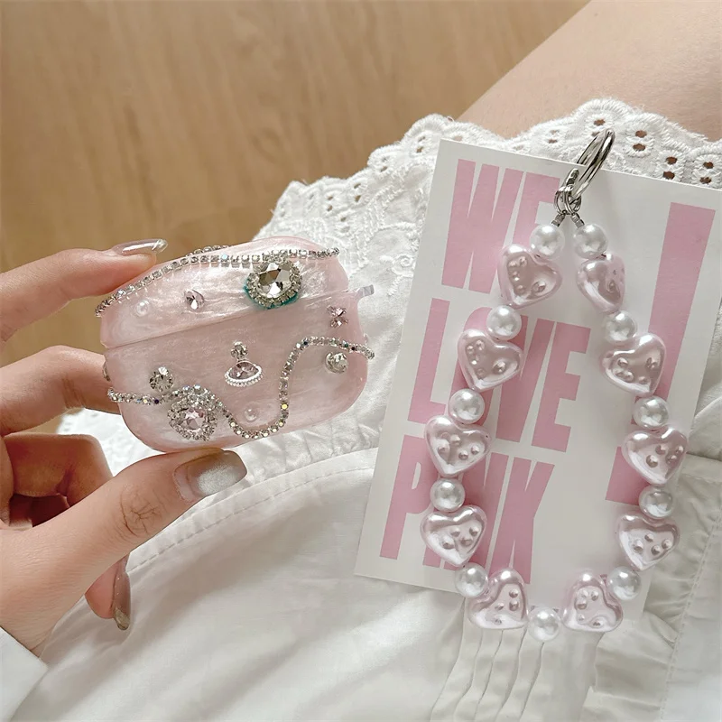 

Luxury Pink Diamond Cute Headphone Case For Apple Airpods 4 3 Pro 2 Cover with Pearl Chain Silicone Headset Charging Cases Pro2