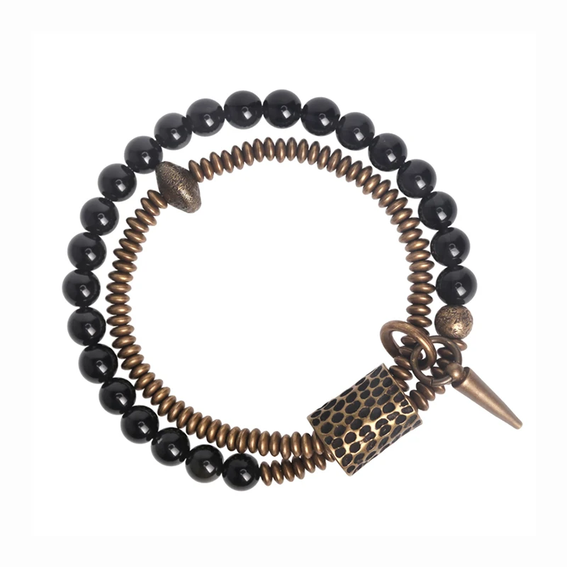 Black Obsidian Beads Bracelet Hammered Brass Two Row  Health Unisex Jewelry for Women Unique Handmade Personalized Bracelet