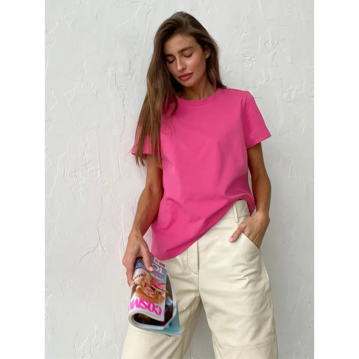 2025 Women's summer new fashion simple solid color leisure home commute round neck short-sleeved T-shirt