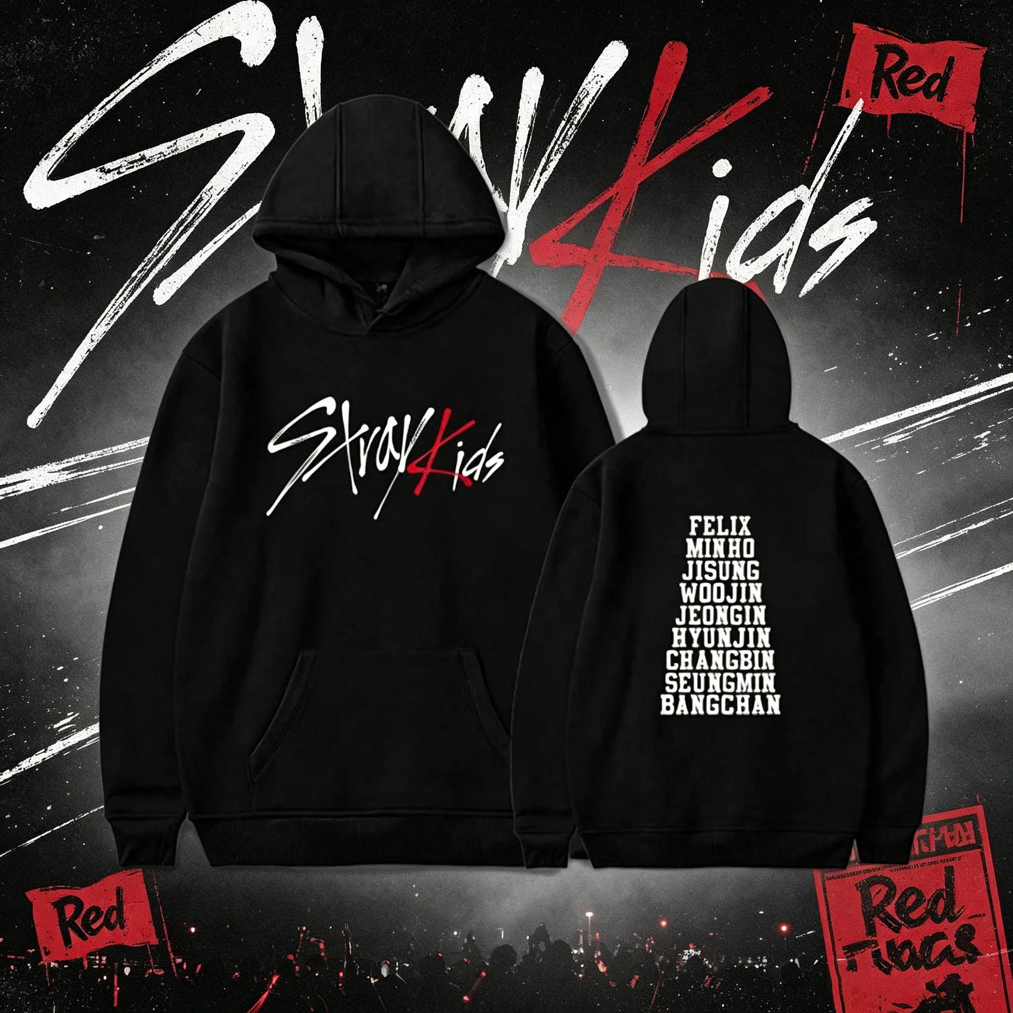 Felpa con Cappuccio Kpop Stray Kids con Nomi dei Membri, Unisex, in Cotone, con Logo Frontale e Nomi Stampati sul Retro, Abbigliamento Casual per Fan
