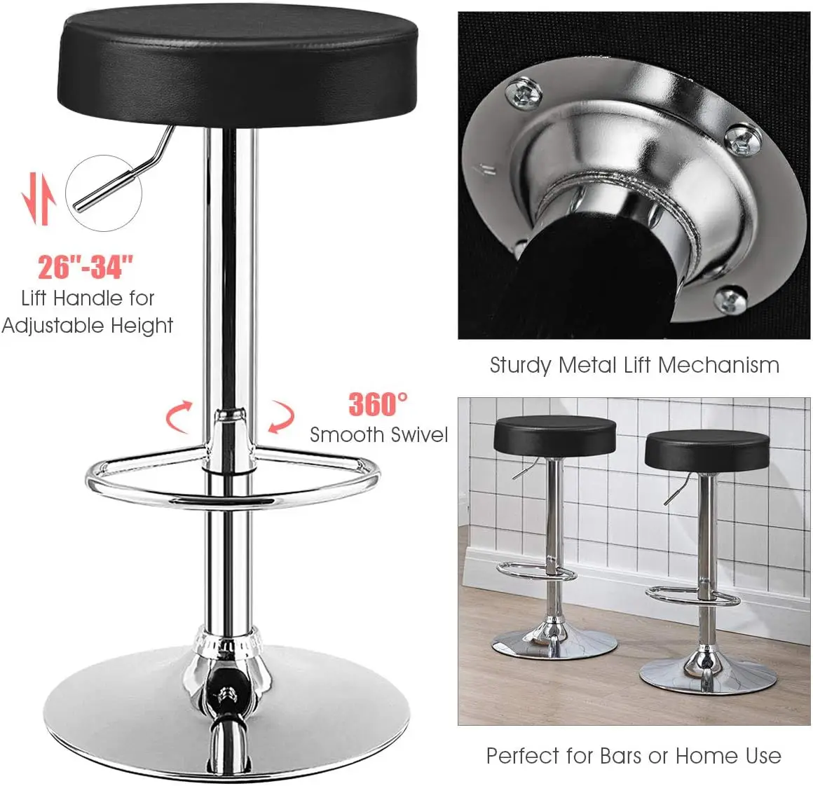 Tabouret de bar rond sans bras en cuir PU, repose-pieds chromé, chaise de bar à dossier moderne, chaise de bar à cussion, réglable, recommandé