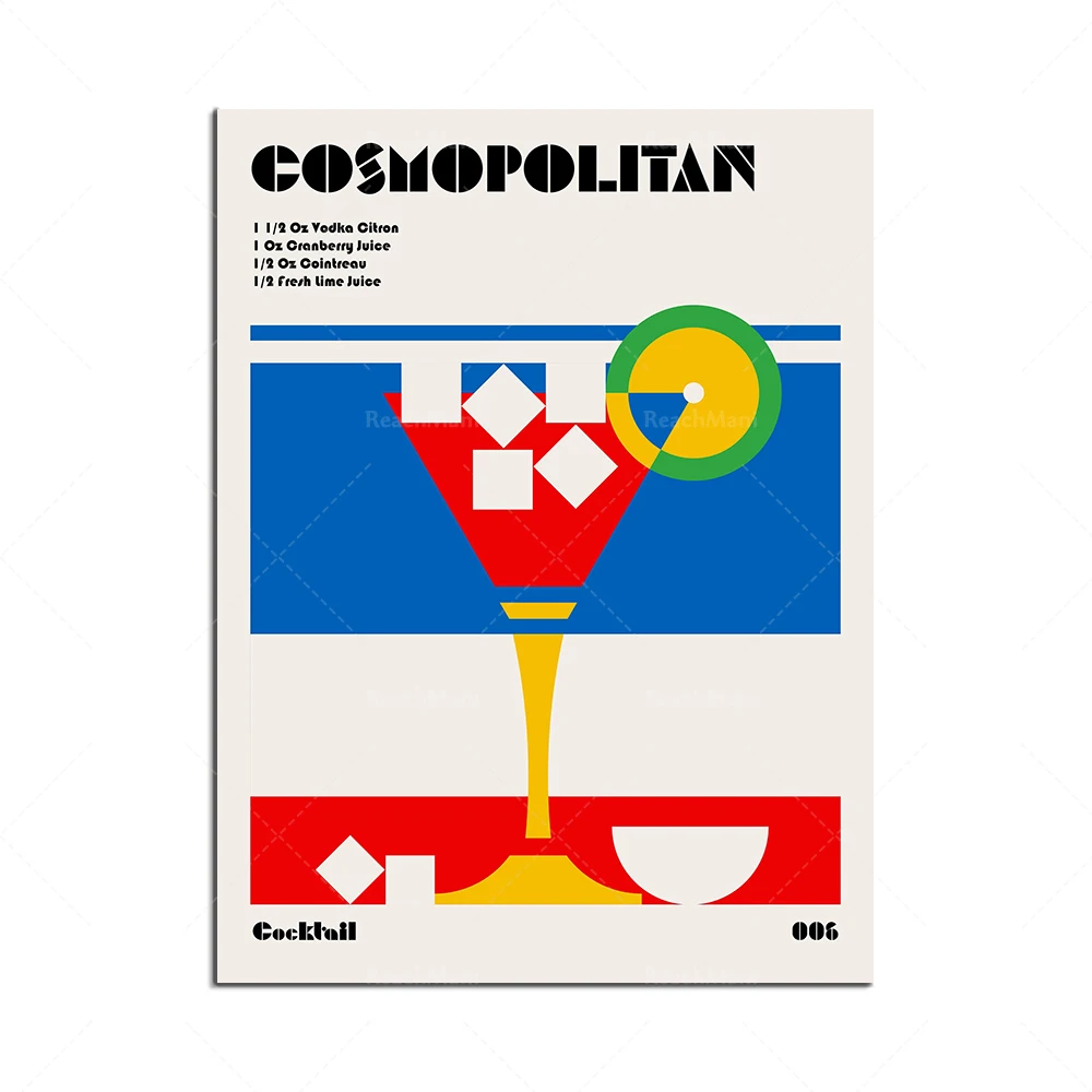 Vintage Cocktail Art Print - Minimalist Bauhaus Style 80s Poster Featuring Gin And Tonic Cosmopolitan Manhattan Margarita Mojito