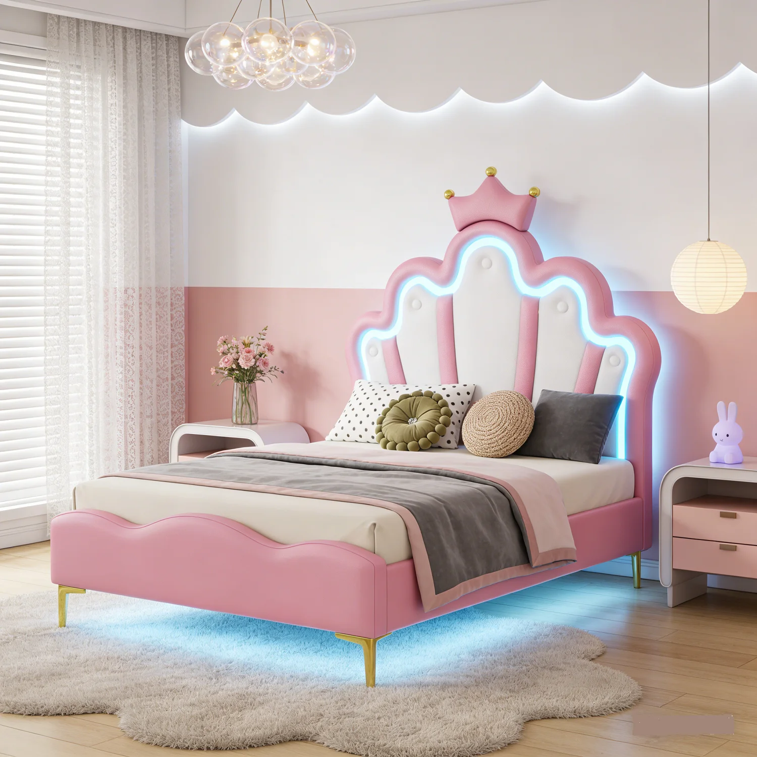 Cama infantil acolchoada 90x com LED, cama para menina com cabeceira ajustável em altura, cama princesa, cama de uma pessoa, cama de solteiro, PU
