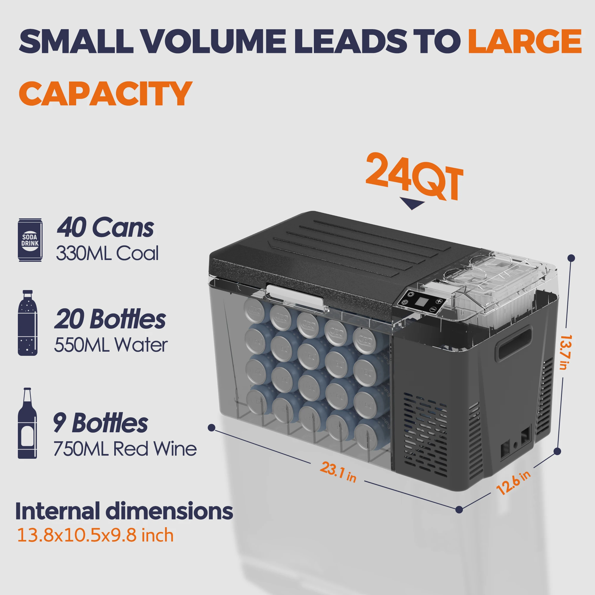 Vibekio Autokoelkast 12V 23L Draagbare koelkast APP Controle Autokoelkast Vriezer Bruikbare batterij voor kamperen Reizen RV Truck