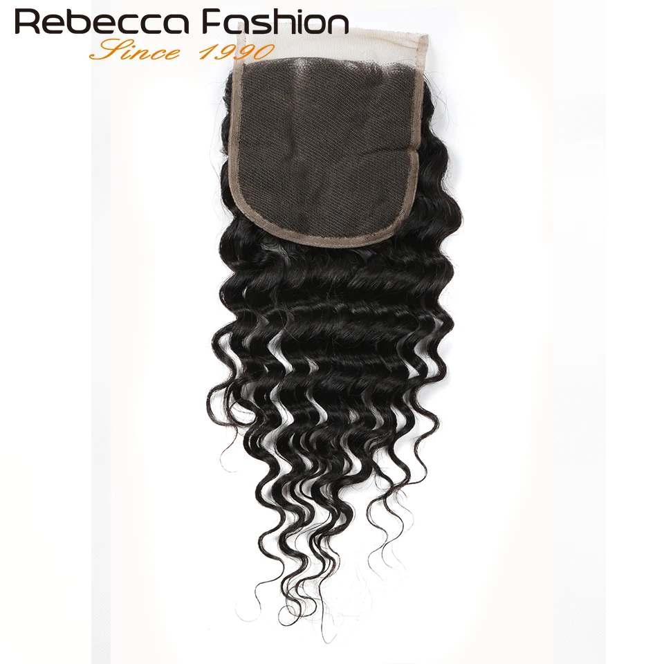 Rebecca 180D 4X4 Top Lace Closure Deep Wave Transparent Swiss Lace Bleached Knots Pre Plucked Deep Curly Human Hair Lace Closure