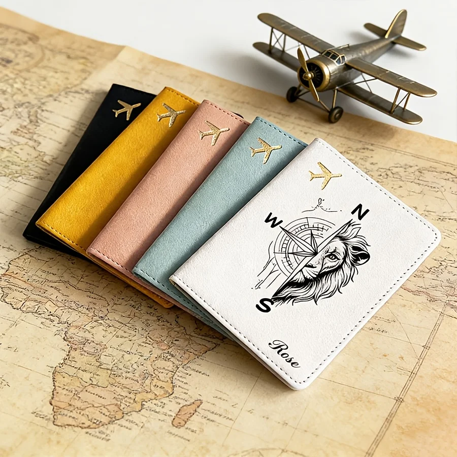 

Custom Name Lion Pattern Couple Passport Holder, Multi-color Travel Wallet Document Organizer for Men Women