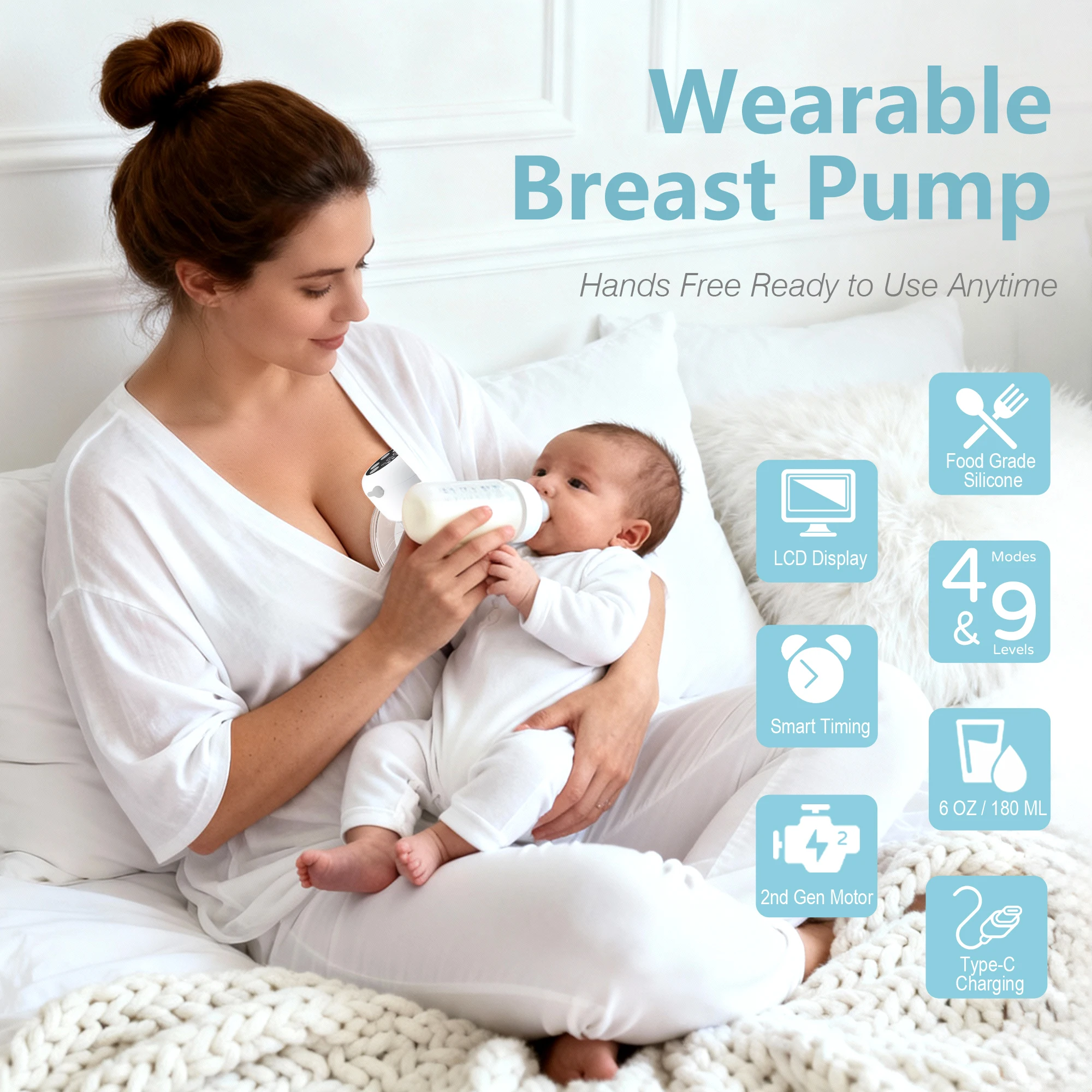 Electric Wearable Breast Pump 4 Modes 9 Suction Levels Silent BPA-Free Hands Free Portable Breastfeeding for Newborn,24mm Flange