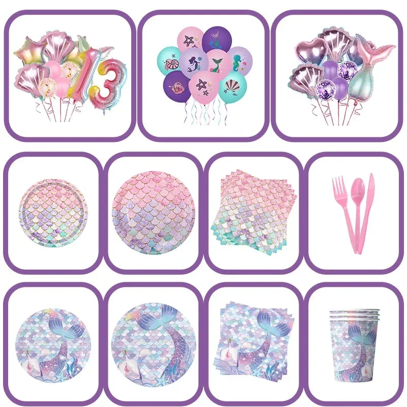 Décoration de fête d'anniversaire sirène, vaisselle princesse sirène, assiettes à ballons, tasses, nappe, arrière-plan, fournitures cadeaux pour filles