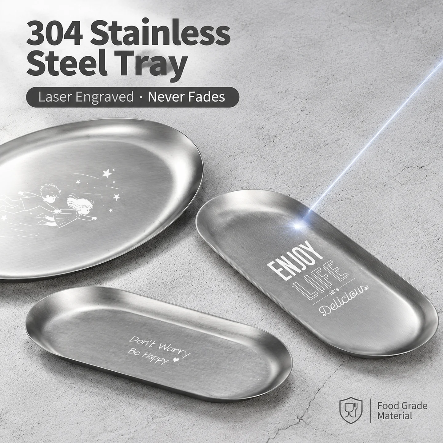 Retro Silver Worn Finish 304 Stainless Steel Serving Oval Tray Laser Engraving Decorative Metal Plate Storage Organizer Tray