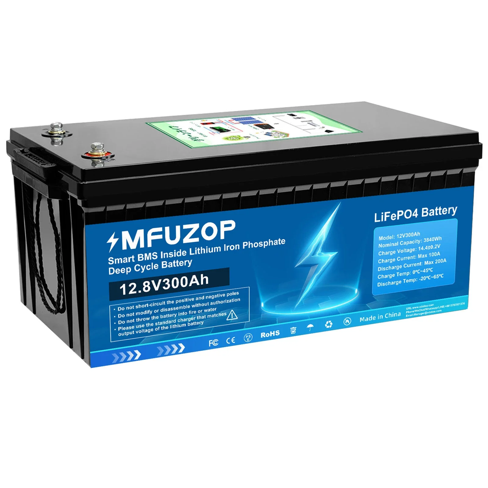 MFUZOP 12V 300AhBMS LiFePO4 batterie haute capacité 3840Wh Cycle profond 10000 + ABS solaire RV hors réseau batterie