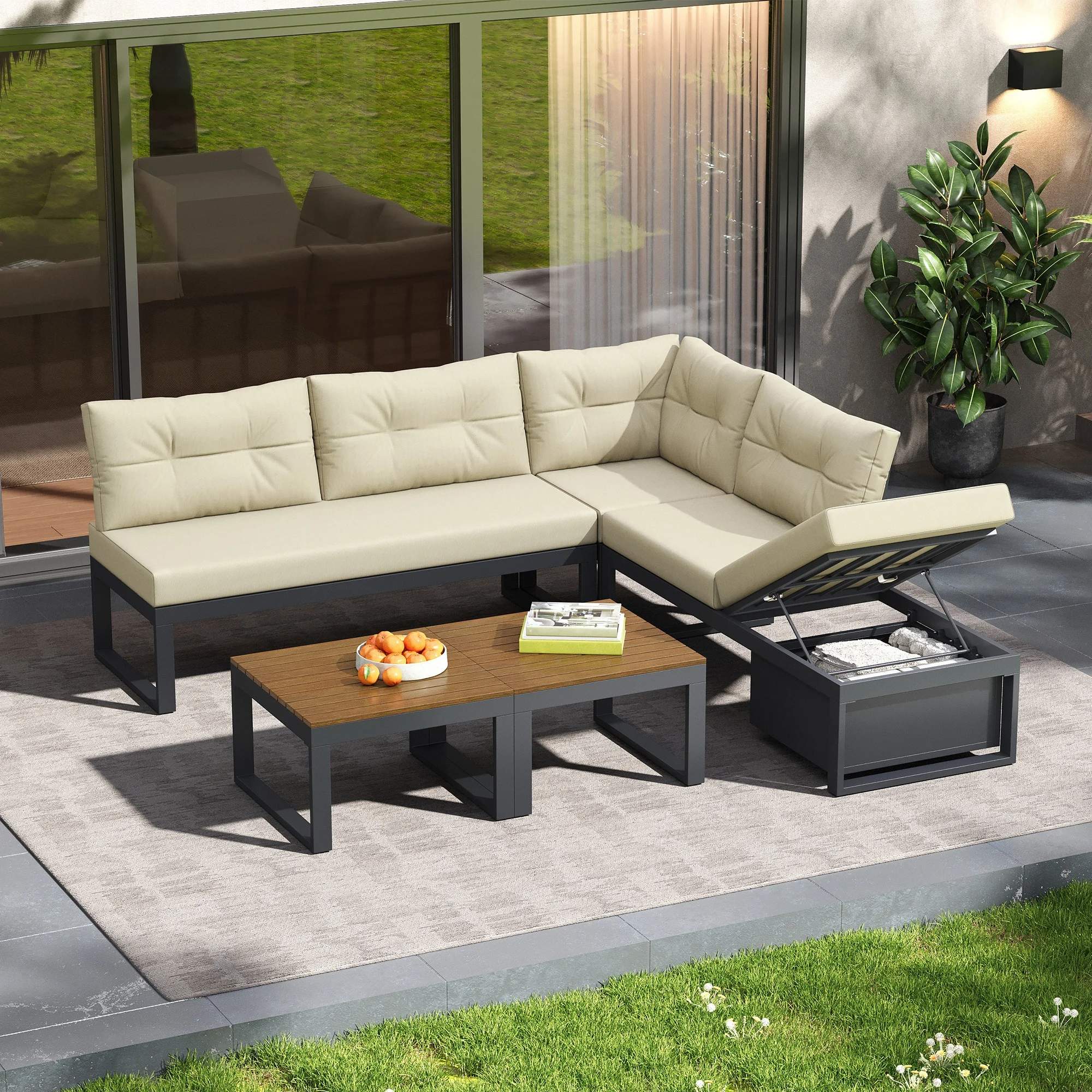 Salon Jardin Sofá modular esquinero Aire, mesa, respaldo de 3 posiciones, Fer poliéster beige, Terraza