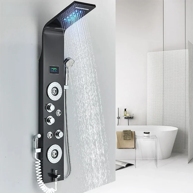 Système de douche à lumière LED, colonne de bain-douche, panneau de douche cascade noir, bidet avec douchette à main, jets de massage, bec