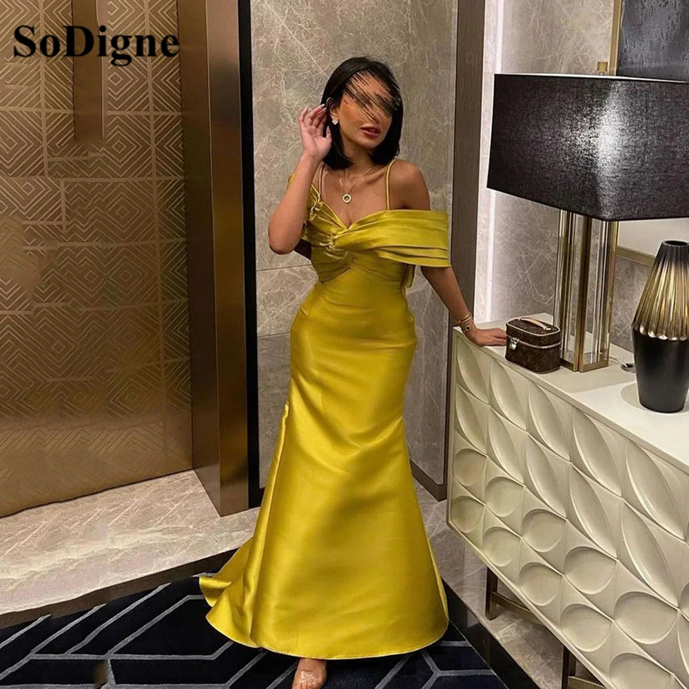 

SoDigne Mermaid Satin Evening Dresses Women Off The Shoulder Pleats 3D Flower Formal Party Dress Prom Gown Saudi Simmer Dress