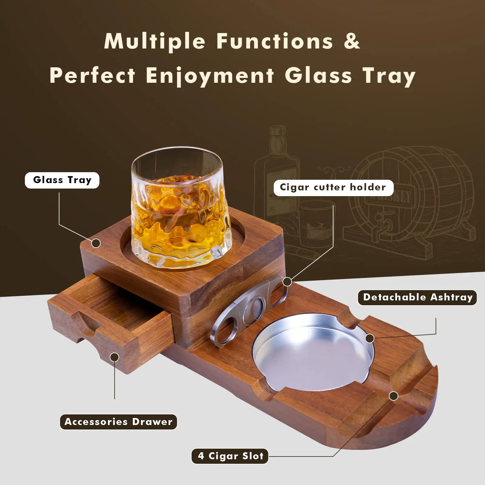 Cigar Ashtrays Wooden Cigar Holder with Cigar Cutter Whiskey Accessories Cigar Luxury Gifts Cigar Accessories for Men Christmas