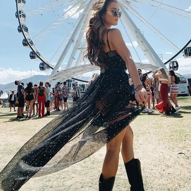 Letnia damska siatkowa prześwitująca sukienka czarna gaza cekiny szelki Sundress Bikini na plażę bluza klubowa Partywear — zdjęcie 2