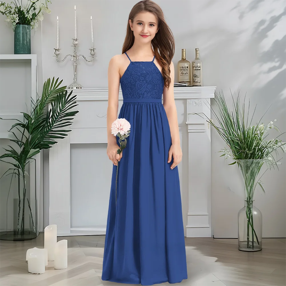 GFH Royal Plum Square Neck Junior Bridesmaid Dress Flower Girl Dress Floor Length Chiffon Lace For Girls Sacred Communion Gowns