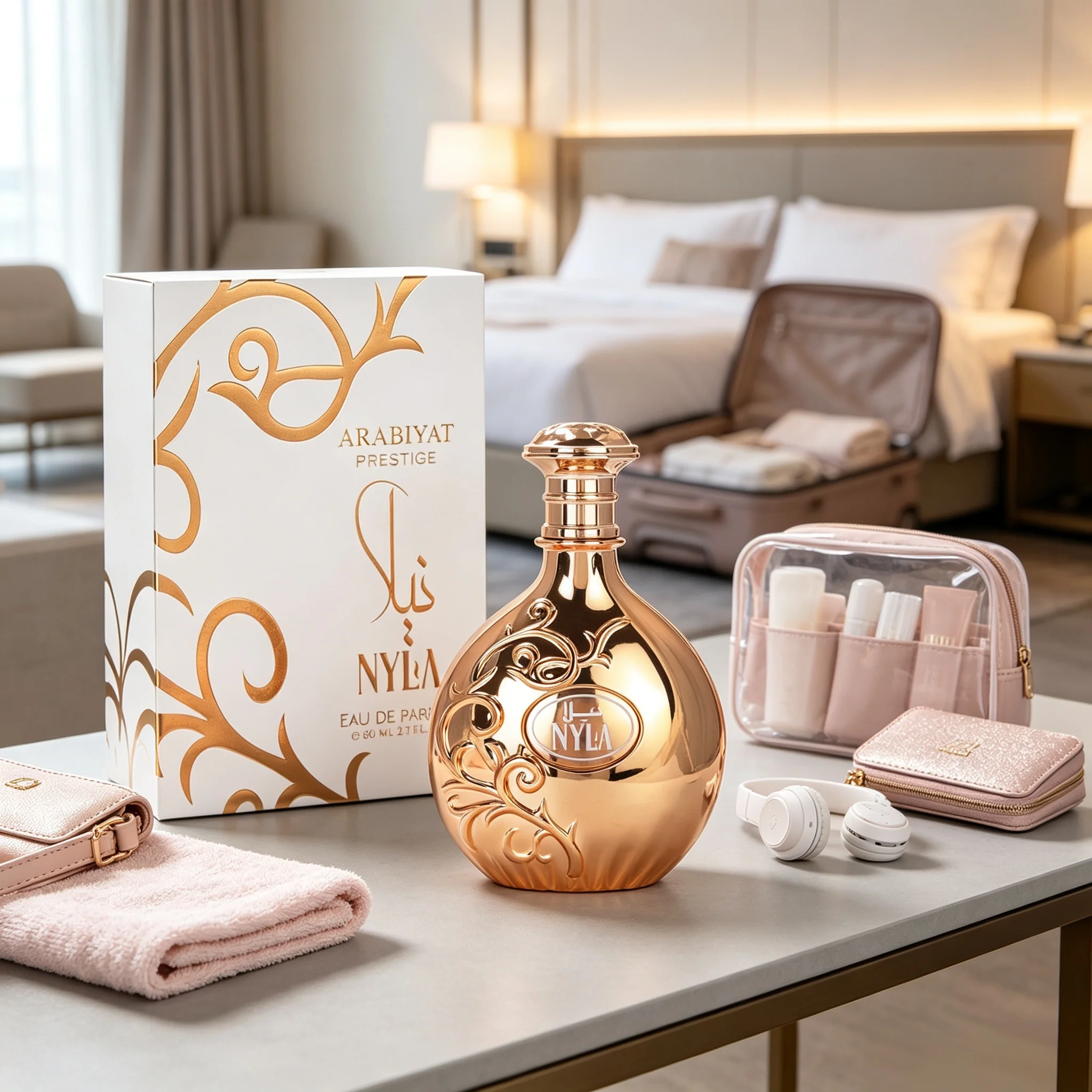 Arabiyat Prestige Nyla Women EDP Opulent Mild Rich Soft Juicy Peach White Jasmine Vanilla Musk Woody Fragrance Mirror Gold Embossed Bottle Gold Dome Cap White Gold Arabesque Box Calm Gentle Feminine Scent Spring Summer VIP Gala Holiday Gift Set view 2