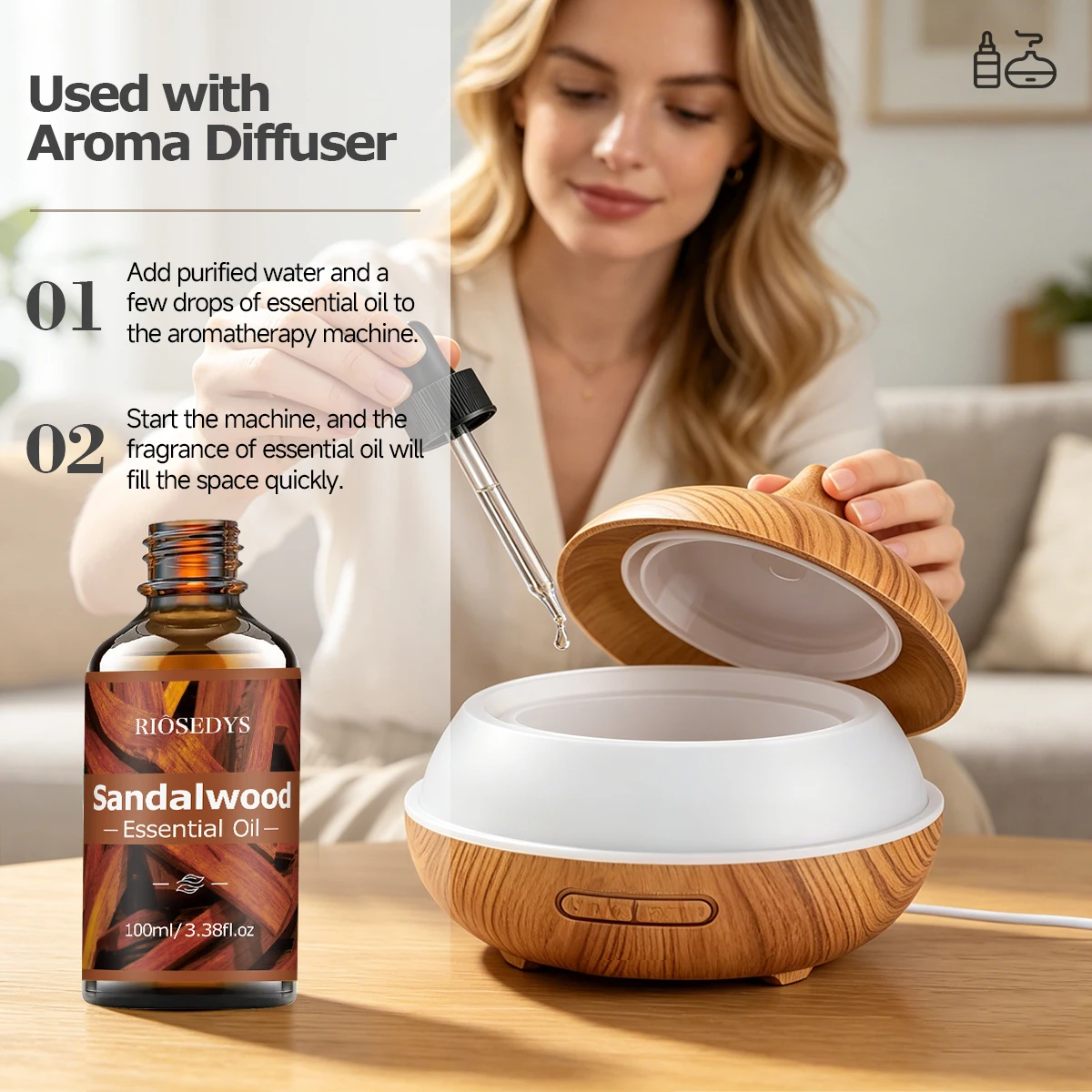 SANDALWOOD Ätherisches Öl, warmes, holziges Duftöl für Diffusoren, DIY-Duftbasteleien und Aromatherapie, sanftes und intensives Aroma – Detail 4