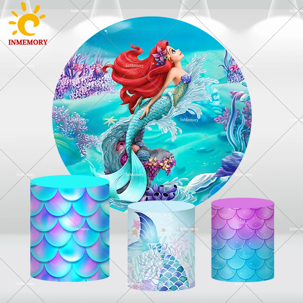 Penutup Latar Belakang Bulat Pesta Ulang Tahun Putri Duyung Disney Penutup Silinder Timbangan Latar Belakang Lingkaran Anak Perempuan Putri Ariel Bawah Laut