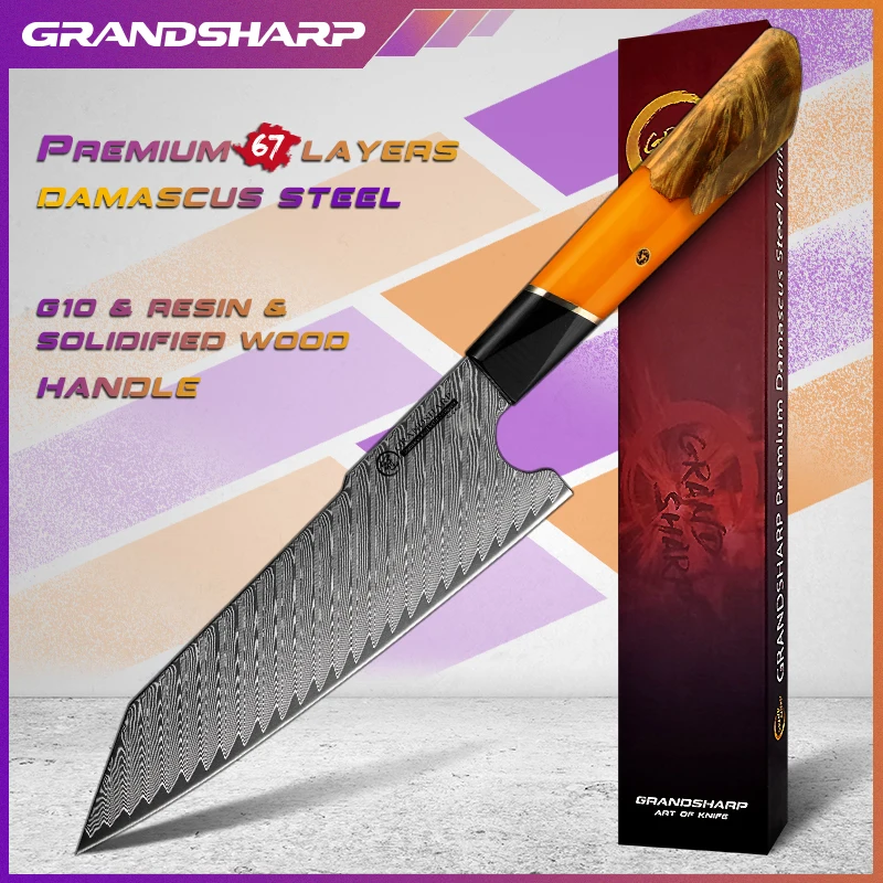 

Grandsharp Premium Kitchen Knives Chef Knife Japanese Kiritsuke AUS10 Damascus Steel Blade Rose Wood Handle Orange Purple Sheath