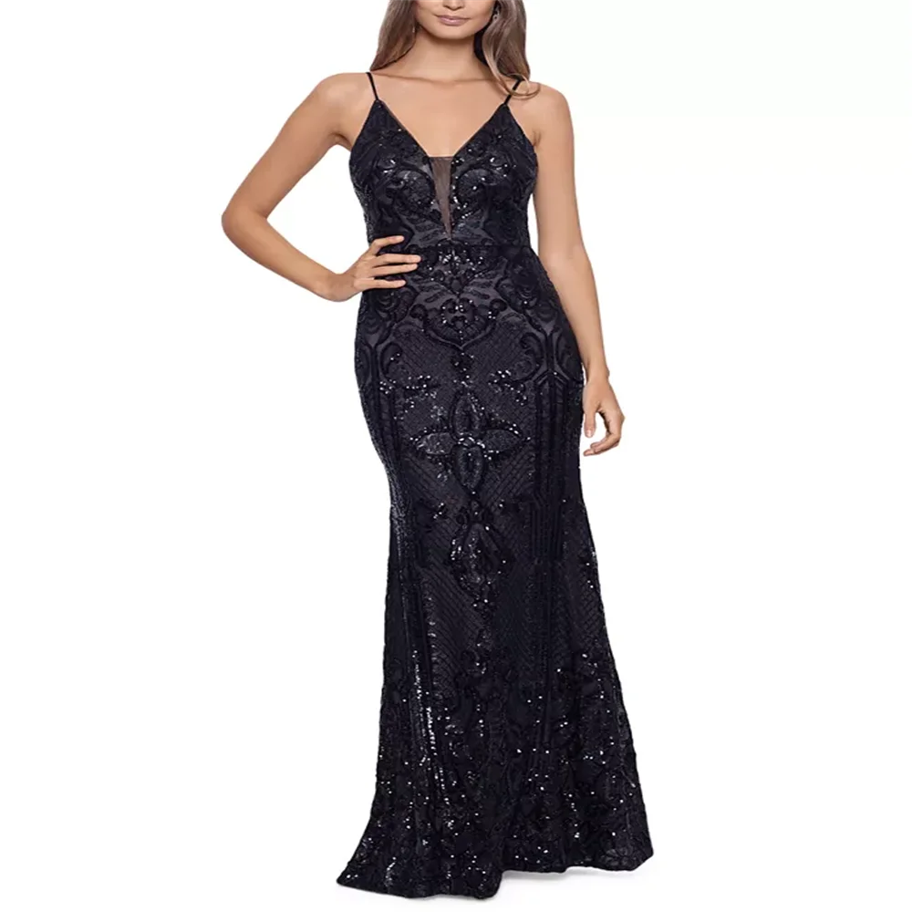 

Embellished Illusion-Inset Gown Elegant Prom Dresses Ladies Tight V Neck Irregular Printed Long Dress For Formal Occasions