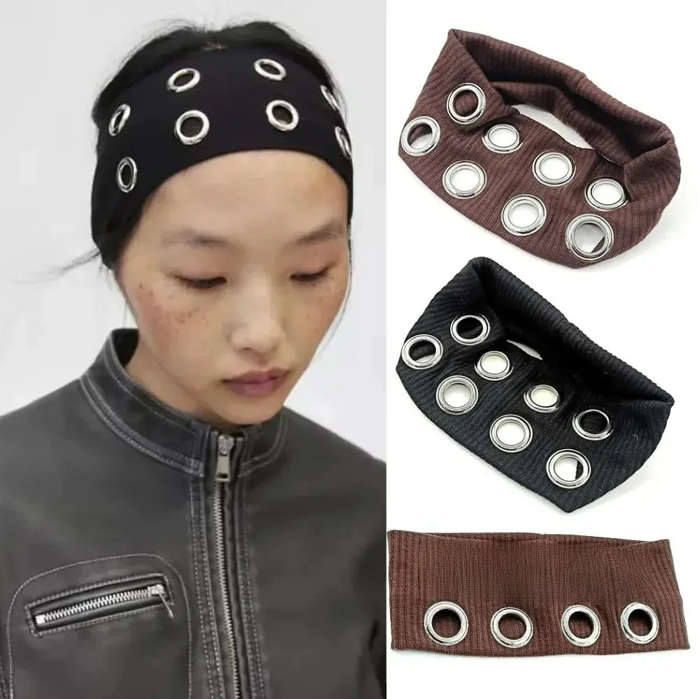 Bandeau à œillets ajourés Punk, tendance, Harajuku Y2K, large bandeau élastique pour filles, métal Rock Steampunk gothique, accessoire pour cheveux